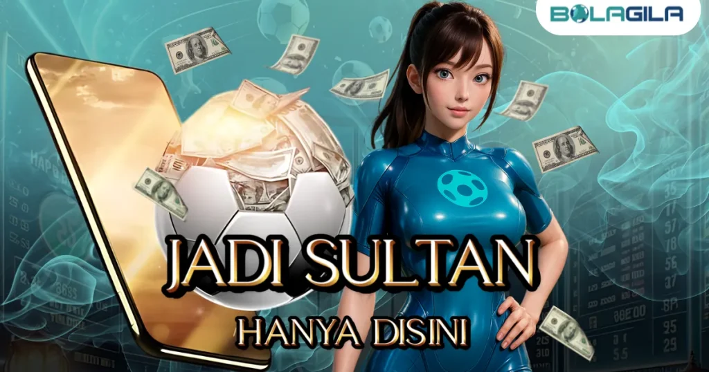 Karakter wanita digital bergaya futuristik berdiri di depan bola sepak berisi uang yang keluar dari smartphone dengan latar uang beterbangan dan logo Bolagila